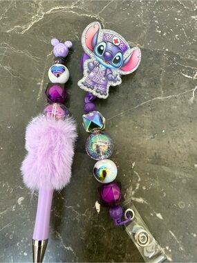 Stitch Nurse Purple Fuzzy Beaded Pen and Matching Badge Reel Set Handmade